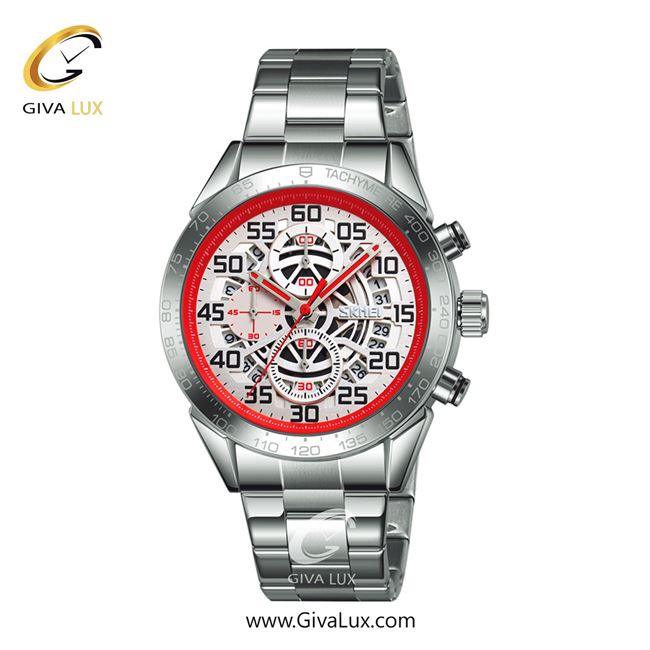 ساعت مچی اورجینال مردانه اسکمی (Skmei) سه موتوره کرنوگراف نقره ای | نقره ای| نقره ای-قرمز| کد رفرنس 9338