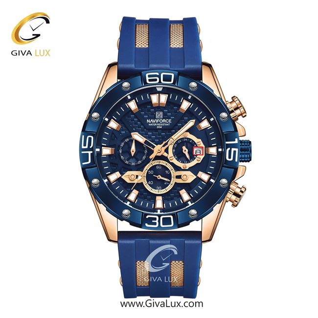 ساعت مچی اورجینال مردانه ناوی فورس|Naviforce|نوی فورس|نیوی فورس سه موتوره کرنوگراف رزگلد-آبی | آبی| آبی| کد رفرنس NF8019-RG/BE/BE