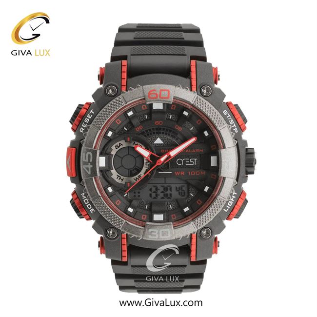 ساعت مچی اورجینال مردانه کرست دو زمانه نقره ای-قرمز-مشکی | مشکی| مشکی| کد رفرنس Crest 9509-1