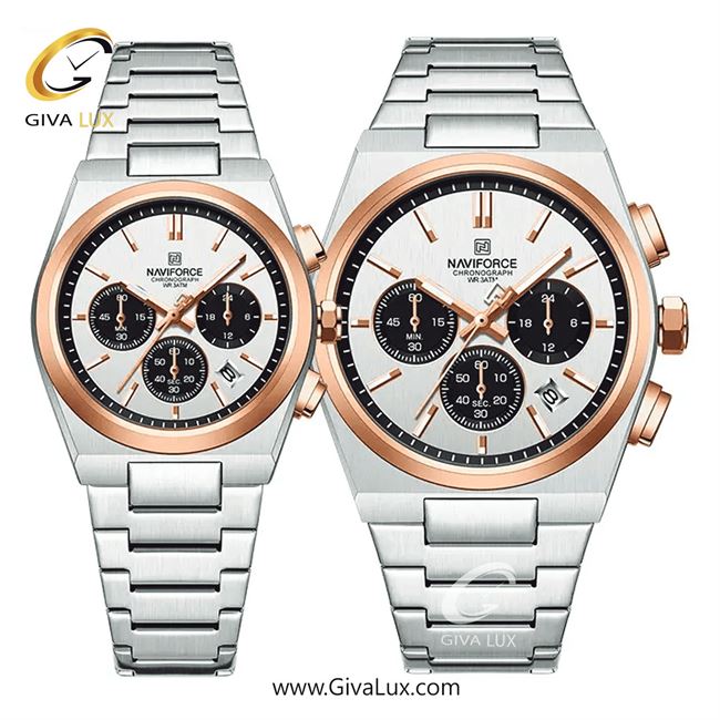 ساعت مچی اورجینال ناوی فورس ست سه موتوره کرنوگراف نقره ای-رزگلد | نقره ای | سفید | کد رفرنس NF8048-S/W/RG