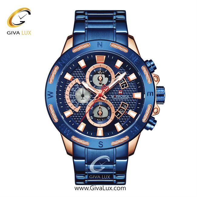 ساعت مچی اورجینال مردانه ناوی فورس|Naviforce|نوی فورس|نیوی فورس سه موتوره کرنوگراف آبی-رزگلد | آبی| آبی| کد رفرنس NF9165 RG/BE