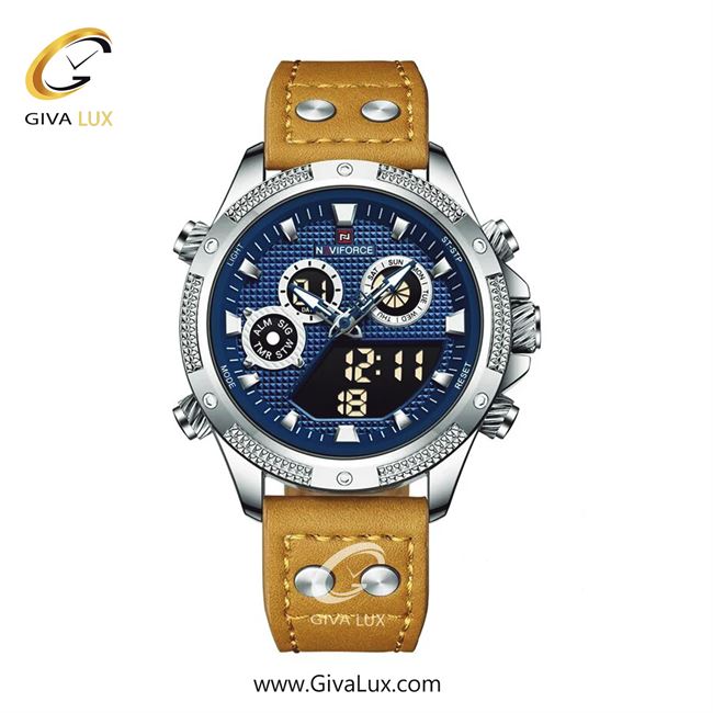 ساعت مچی اورجینال مردانه ناوی فورس|Naviforce|نوی فورس|نیوی فورس دو زمانه نقره ای | قهوه ای| آبی کاربنی| کد رفرنس NF9224