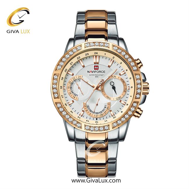 ساعت مچی زنانه بند فلزی نقره‌ای رزگلد ناوی فورس (نیوی فورس) کد NF9196-S/RG/W