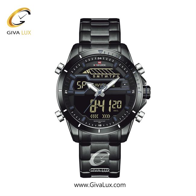 ساعت مچی مردانه دوزمانه بند استیل مشکی ناوی فورس (نیوی فورس)  NF9133 B/B/GY 