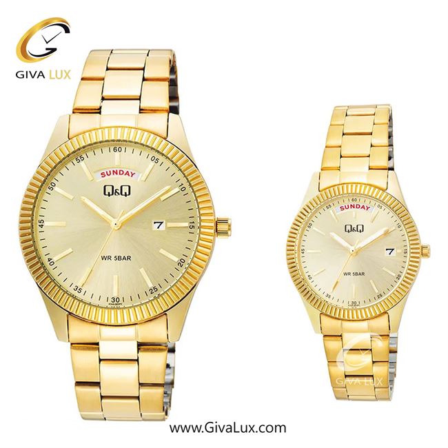 ساعت مچی اورجینال ست کیو اند کیو Q&Q طلایی | طلایی| طلایی| کد رفرنس مردانه: A14A-001PY، زنانه: A15A-001PY