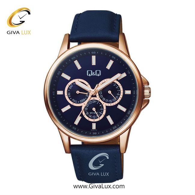 ساعت مچی اورجینال مردانه کیو اند کیو Q&Q سه موتوره فول تایم رزگلد | سرمه ای| سرمه ای| کد رفرنس AA32J102Y