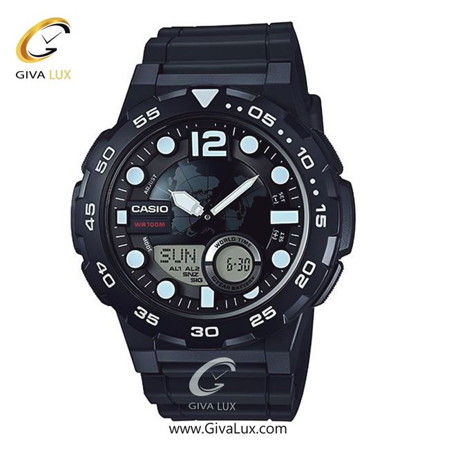 ساعت مچی اورجینال مردانه کاسیو Casio دو زمانه مشکی | مشکی| مشکی| کد رفرنس AEQ-100W-1AVDF