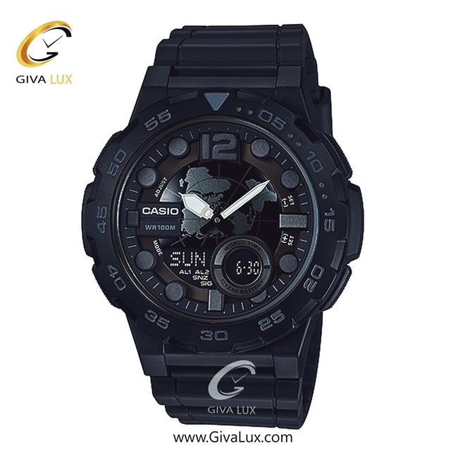 ساعت مچی اورجینال مردانه کاسیو Casio دو زمانه مشکی | مشکی| مشکی| کد رفرنس AEQ-100W-1B