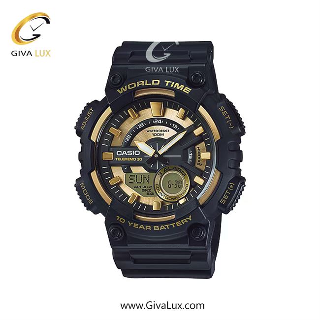 ساعت مچی اورجینال مردانه کاسیو Casio دو زمانه | مشکی| طلایی| کد رفرنس AEQ-110BW-9A