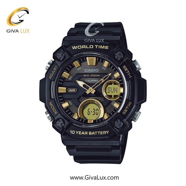 ساعت مچی اورجینال مردانه کاسیو Casio دو زمانه مشکی | مشکی| مشکی-طلایی| کد رفرنس AEQ-120W-9AVDF