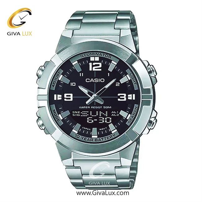 ساعت مچی اورجینال مردانه کاسیو Casio دو زمانه نقره ای | نقره ای| مشکی| کد رفرنس AMW-870D-1AVDF