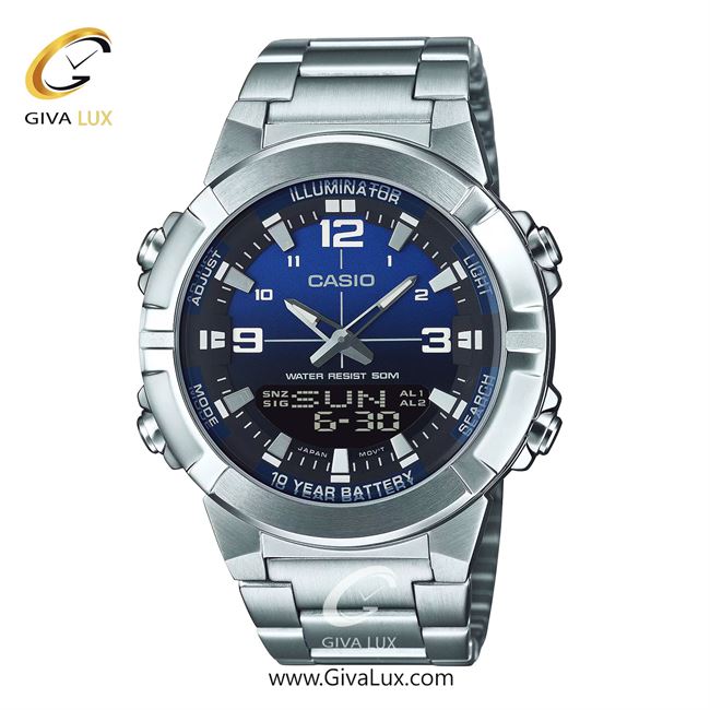 ساعت مچی اورجینال مردانه-اسپرت کاسیو Casio دو زمانه نقره ای | نقره ای| مشکی-آبی کاربنی| کد رفرنس AMW-870DA-2A1VDF