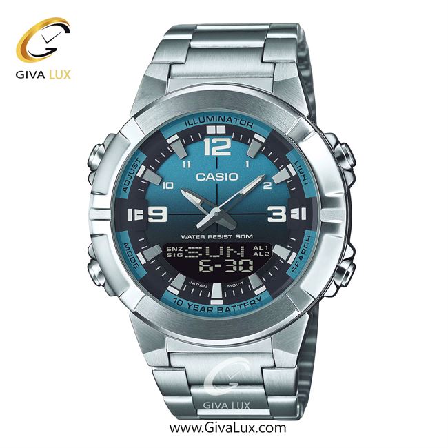 ساعت مچی اورجینال اسپرت-مردانه کاسیو Casio دو زمانه نقره ای | نقره ای| سبزآبی-مشکی| کد رفرنس AMW-870DA-2A2VDF