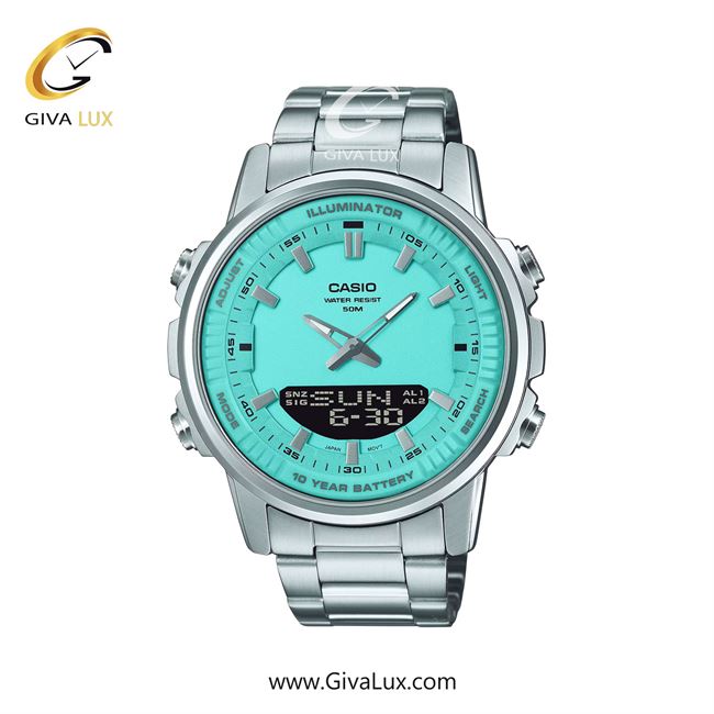 ساعت مچی اورجینال مردانه کاسیو Casio دو زمانه نقره ای | نقره ای| آبی| کد رفرنس AMW-880D-2A2V