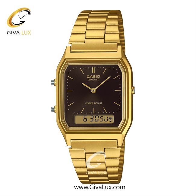 ساعت مچی اورجینال زنانه-یونیسکس-مردانه کاسیو Casio دو زمانه طلایی | طلایی| قهوه ای| کد رفرنس AQ-230GA-5AMQYDF