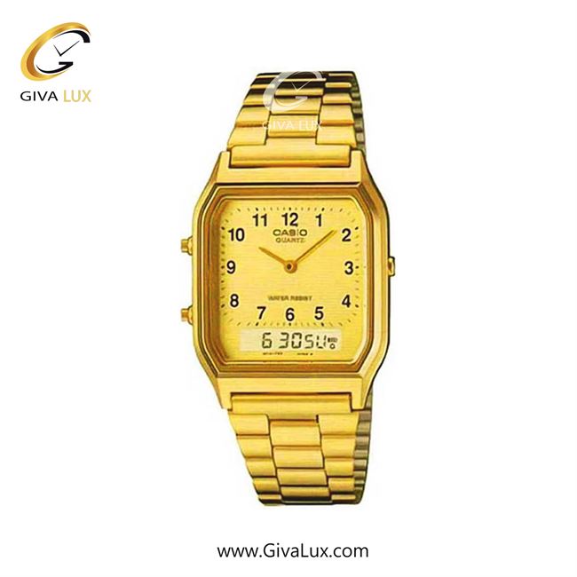 ساعت مچی اورجینال یونیسکس-زنانه-مردانه کاسیو Casio دو زمانه طلایی | طلایی| طلایی| کد رفرنس AQ-230GA-9DMQ