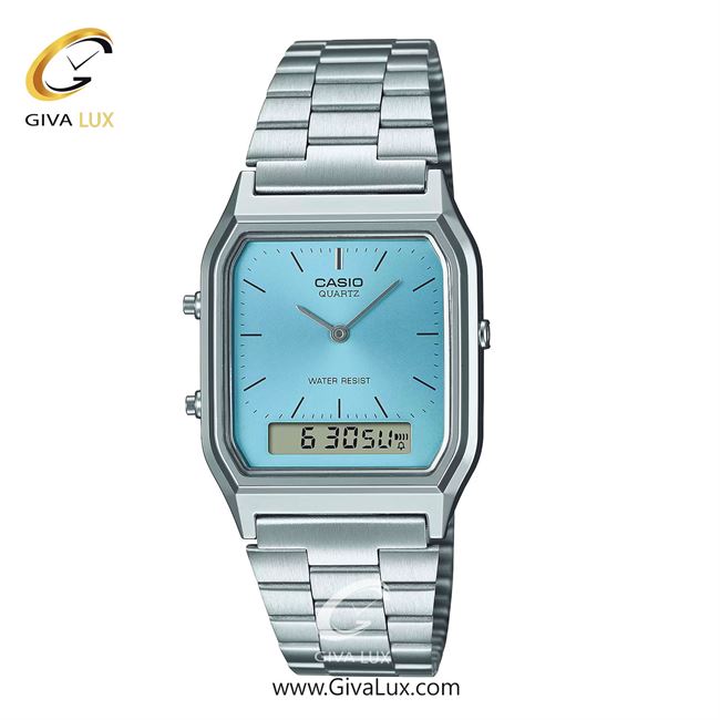 ساعت مچی اورجینال یونیسکس-زنانه-مردانه کاسیو Casio دو زمانه نقره ای | نقره ای| آبی| کد رفرنس AQ-230A-2A1MQYDF