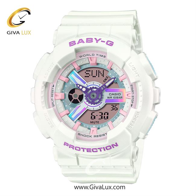 ساعت مچی اورجینال زنانه کاسیو Casio دو زمانه سفید | سفید| صورتی-طوسی| کد رفرنس بیبی جی Baby-G BA-110FH-7ADR