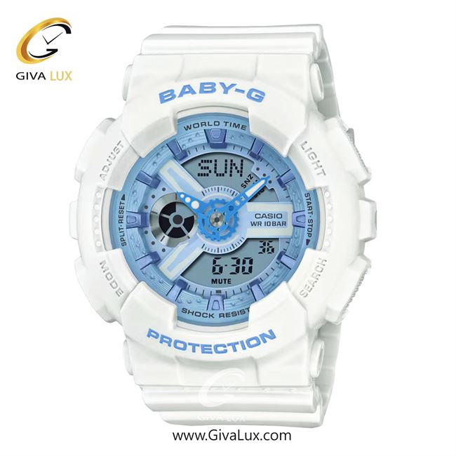 ساعت مچی اورجینال زنانه کاسیو Casio دو زمانه سفید | سفید| آبی| کد رفرنس بیبی جی Baby-G BA-110XBE-7ADR