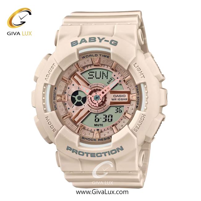 ساعت مچی اورجینال زنانه کاسیو Casio دو زمانه گلبهی | گلبهی| رزگلد| کد رفرنس بیبی جی Baby-G BA-110XCP-4ADR