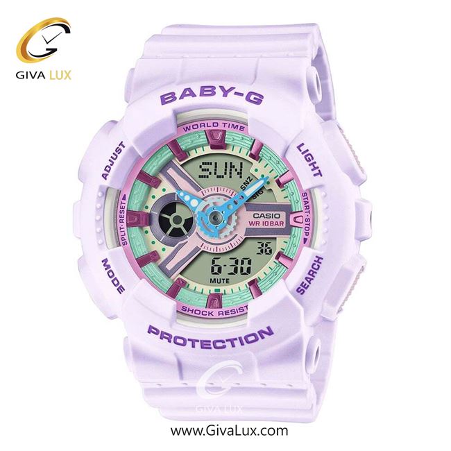 ساعت مچی اورجینال زنانه کاسیو Casio دو زمانه یاسی | یاسی| سبز-بنفش| کد رفرنس بیبی جی Baby-G BA-110XPM-6ADR