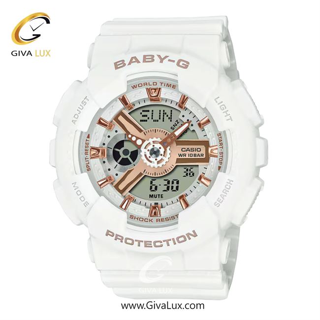 ساعت مچی اورجینال زنانه کاسیو Casio دو زمانه سفید | سفید| سفید-رزگلد| کد رفرنس بیبی جی Baby-G BA-110XRG-7ADR