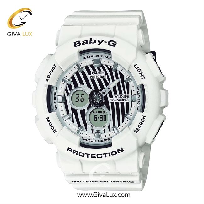 ساعت مچی اورجینال زنانه کاسیو Casio دو زمانه سفید | سفید| مشکی-سفید| کد رفرنس بیبی جی Baby-G BA-120WLP-7A