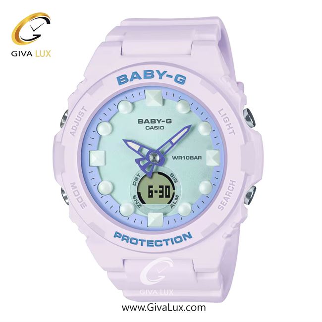 ساعت مچی اورجینال زنانه کاسیو Casio دو زمانه یاسی | یاسی| بنفش-سبز| کد رفرنس بیبی جی Baby-G BGA-320FH-4ADR