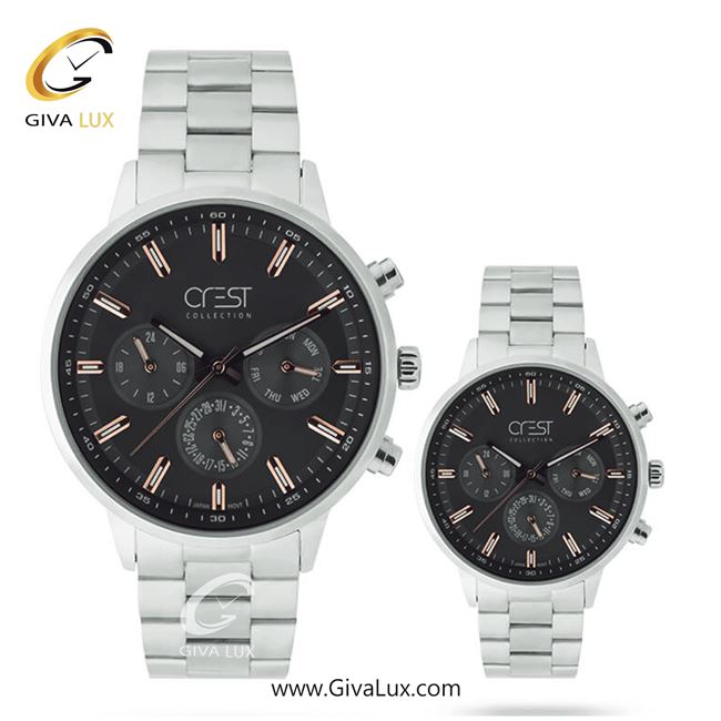 ساعت مچی اورجینال ست کرست سه موتوره فول تایم نقره ای | نقره ای| مشکی| کد رفرنس Crest6709