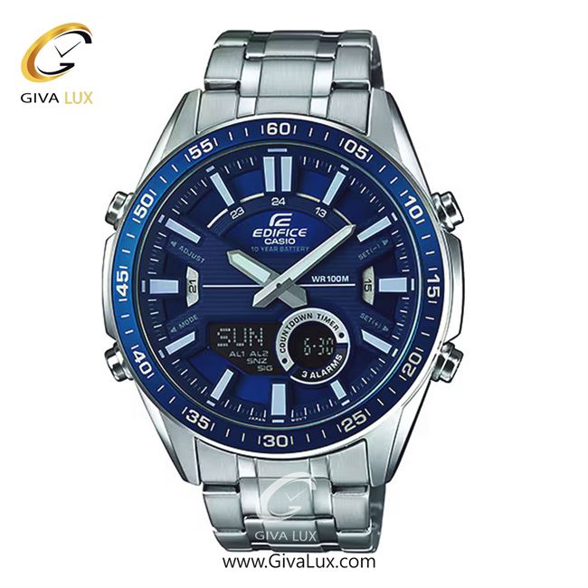 ساعت مچی اورجینال مردانه کاسیو Casio دو زمانه نقره ای | نقره ای| آبی| کد رفرنس ادیفایس Edifice EFV-C100D-2AVDF