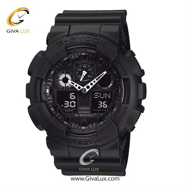 ساعت مچی اورجینال مردانه کاسیو Casio دو زمانه مشکی | مشکی| مشکی| کد رفرنس جی شاک G-Shock GA-100-1A1