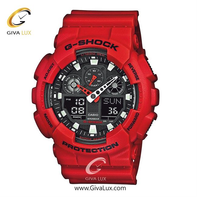 ساعت مچی اورجینال مردانه کاسیو Casio دو زمانه قرمز | قرمز| مشکی| کد رفرنس جی شاک G-Shock GA-100B-4ADR