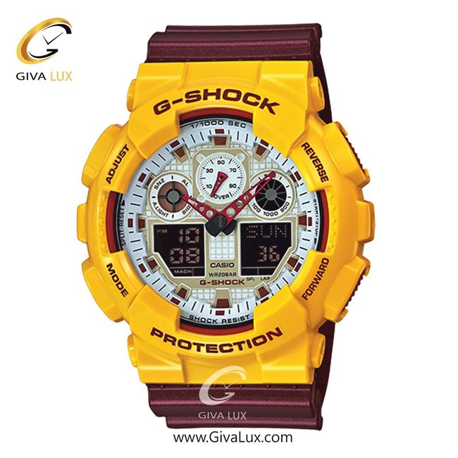 ساعت مچی اورجینال مردانه کاسیو Casio دو زمانه زرد | زرشکی| سفید| کد رفرنس جی شاک G-Shock GA-100CS-9ADR