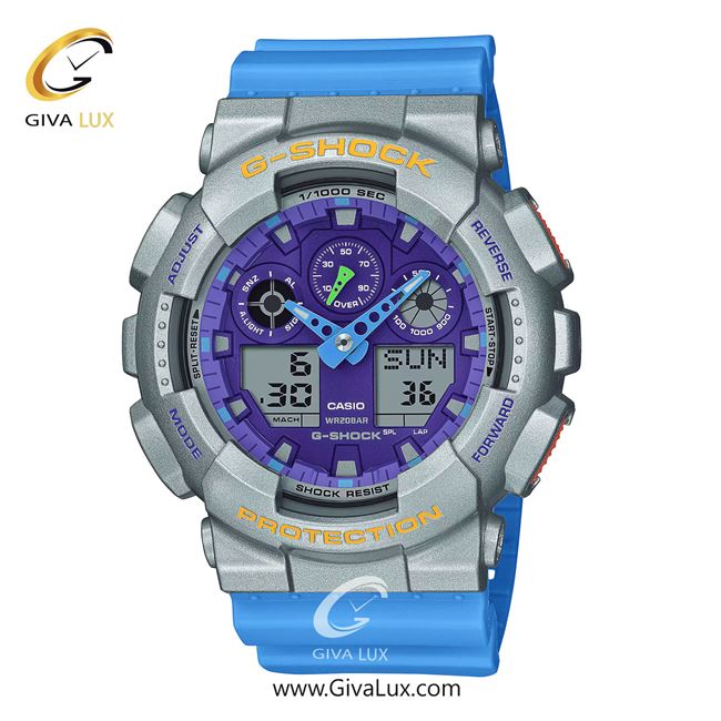 ساعت مچی اورجینال مردانه کاسیو Casio دو زمانه نقره ای | آبی| بنفش| کد رفرنس جی شاک G-Shock GA-100EU-8A2DR
