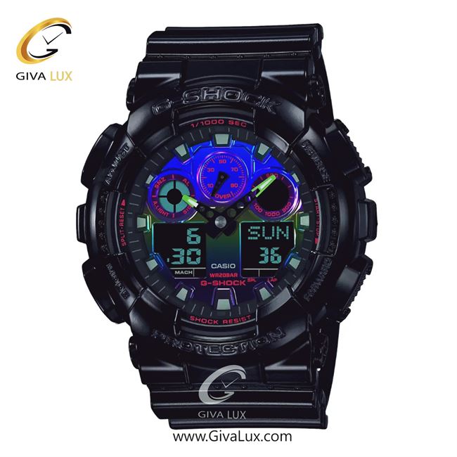 ساعت مچی اورجینال مردانه کاسیو Casio دو زمانه مشکی | مشکی| سبز-قرمز-آبی| کد رفرنس جی شاک G-Shock GA-100RGB-1ADR