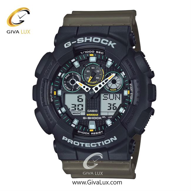 ساعت مچی اورجینال مردانه کاسیو Casio دو زمانه مشکی | زیتونی| مشکی| کد رفرنس جی شاک G-Shock GA-100TU-1A3