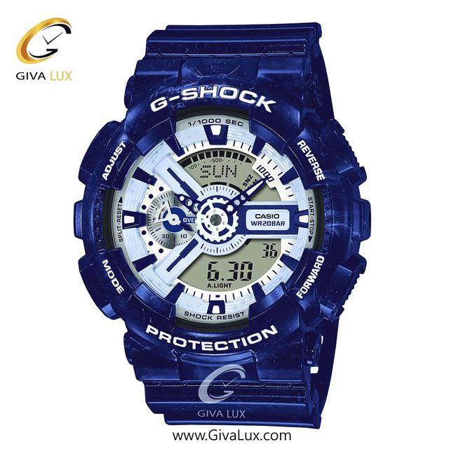 ساعت مچی اورجینال مردانه کاسیو Casio دو زمانه آبی کاربنی | آبی کاربنی| سفید| کد رفرنس جی شاک G-Shock GA-110BWP-2ADR