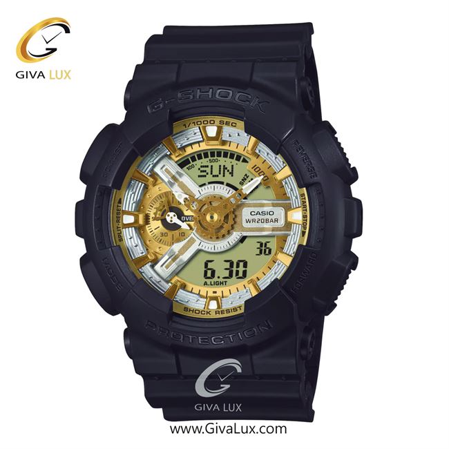 ساعت مچی اورجینال مردانه کاسیو Casio دو زمانه مشکی | مشکی| طلایی-نقره ای| کد رفرنس جی شاک G-Shock GA-110CD-1A9DR