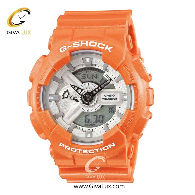 ساعت مچی اورجینال مردانه کاسیو Casio دو زمانه نارنجی | نارنجی| سفید-طوسی| کد رفرنس جی شاک G-Shock GA-110SG-4ADR