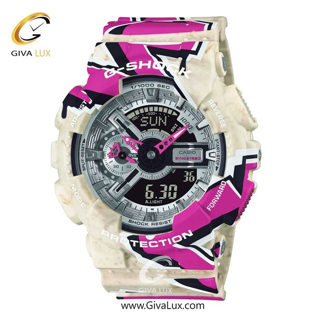 ساعت مچی اورجینال مردانه کاسیو Casio دو زمانه شیری-بنفش | شیری-بنفش| نقره ای| کد رفرنس جی شاک G-Shock GA-110SS-1ADR