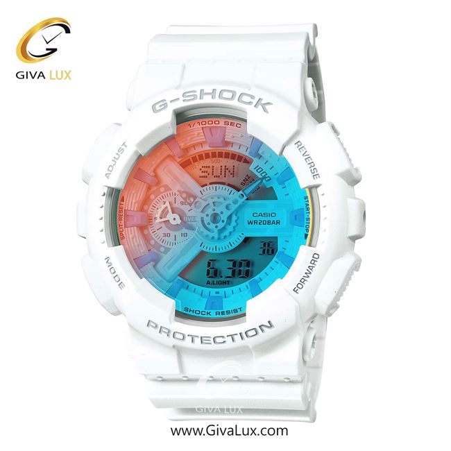 ساعت مچی اورجینال مردانه کاسیو Casio دو زمانه سفید | سفید| آبی-نارنجی| کد رفرنس جی شاک G-Shock GA-110TL-7ADR