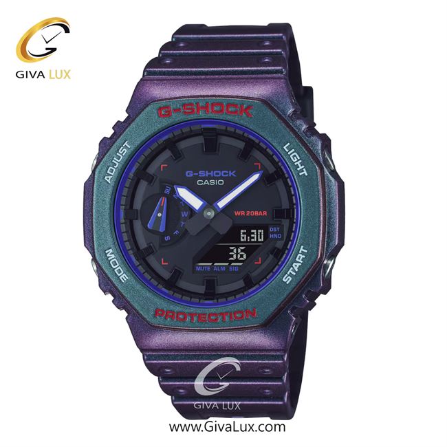 ساعت مچی اورجینال مردانه کاسیو Casio دو زمانه بنفش-سبزآبی | بنفش| مشکی| کد رفرنس جی شاک G-Shock GA-2100AH-6ADR