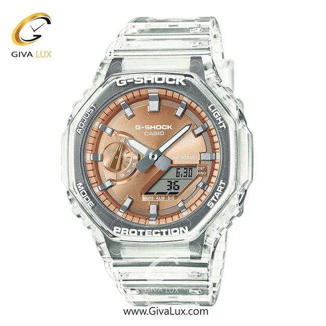 ساعت مچی اورجینال مردانه کاسیو Casio دو زمانه شفاف | شفاف| رزگلد| کد رفرنس جی شاک G-Shock GA-2100BM-7A5DR