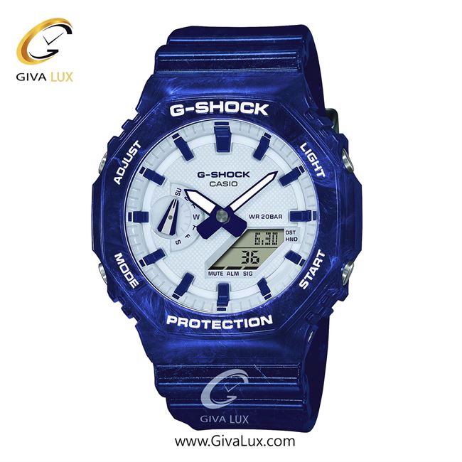 ساعت مچی اورجینال مردانه کاسیو Casio دو زمانه آبی کاربنی | آبی کاربنی| آبی| کد رفرنس جی شاک G-Shock GA-2100BWP-2ADR