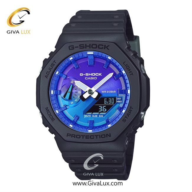 ساعت مچی اورجینال مردانه کاسیو Casio دو زمانه مشکی | مشکی| آبی-بنفش| کد رفرنس جی شاک G-Shock GA-2100FL-1A