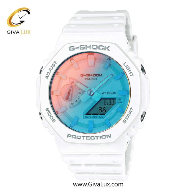 ساعت مچی اورجینال مردانه کاسیو Casio دو زمانه سفید | سفید| صورتی-آبی| کد رفرنس جی شاک G-Shock GA-2100TL-7ADR