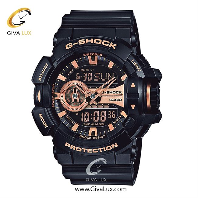 ساعت مچی اورجینال مردانه کاسیو Casio دو زمانه مشکی | مشکی| مشکی-رزگلد| کد رفرنس جی شاک G-Shock GA-400GB-1A4DR