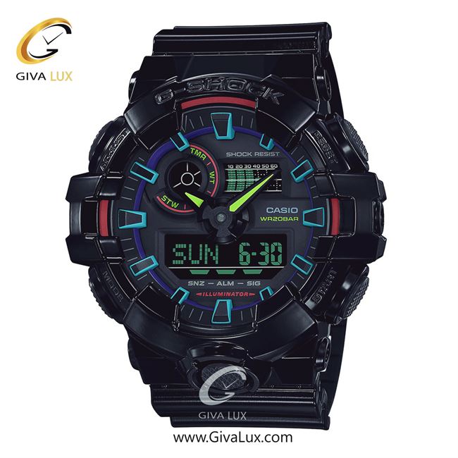ساعت مچی اورجینال مردانه کاسیو Casio دو زمانه مشکی | مشکی| مشکی| کد رفرنس جی شاک G-Shock GA-700RGB-1ADR