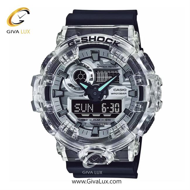 ساعت مچی اورجینال مردانه کاسیو Casio دو زمانه شفاف | سرمه ای| چریکی-طوسی| کد رفرنس جی شاک G-Shock GA-700SKC-1A