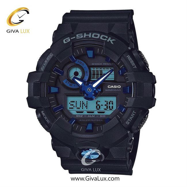 ساعت مچی اورجینال مردانه کاسیو Casio دو زمانه مشکی | مشکی| مشکی| کد رفرنس جی شاک G-Shock GA-710B-1A2DR